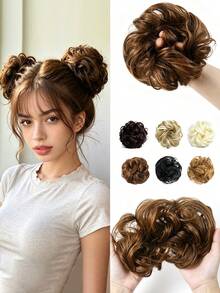 2 Packs Messy Curly Synthetic Hair Bun Scrunchies, 6 Inch Elastic Fake Donut Hair Rings, Fluffy Voluminous Hair Pieces For Women, Quick Double Buns Look For Daily Halloween Party - Multicolor - View 2