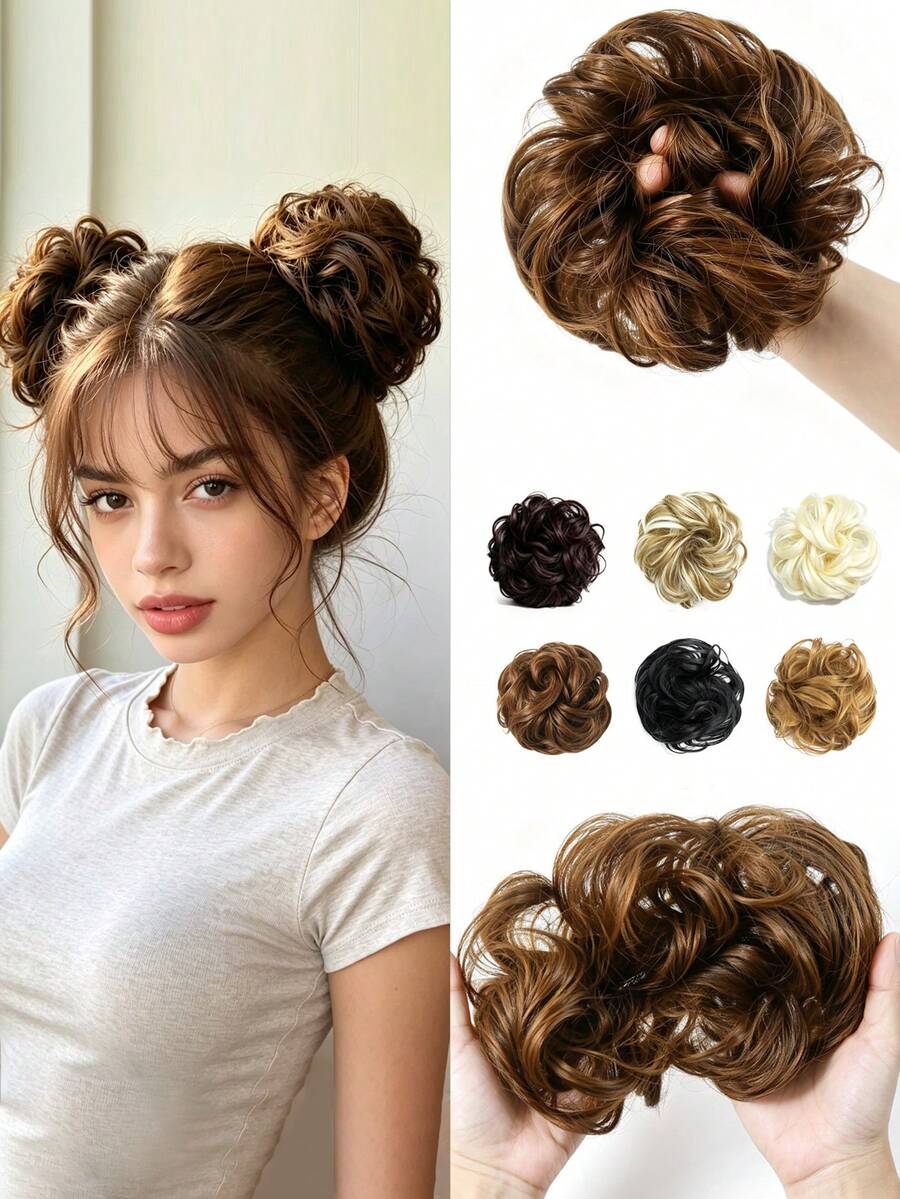 2 Packs Messy Curly Synthetic Hair Bun Scrunchies, 6 Inch Elastic Fake Donut Hair Rings, Fluffy Voluminous Hair Pieces For Women, Quick Double Buns Look For Daily Halloween Party