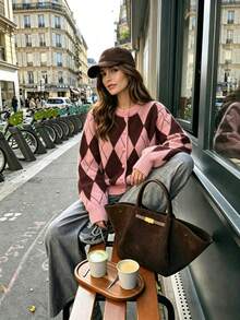 2026 Women's Autumn/Winter New Vintage Argyle Colorblock Knit Cardigan, Pink & Brown Diamond Check Round Neck Single-Breasted Sweater Jacket, Loose Slouchy Top - Multicolor - View 2