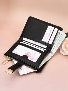 Classic Fashion Leopard Print Patchwork Short Wallet, Handheld PU Exquisite Snap Card Holder Document Organizer, Compact And Lightweight - Black - View 8