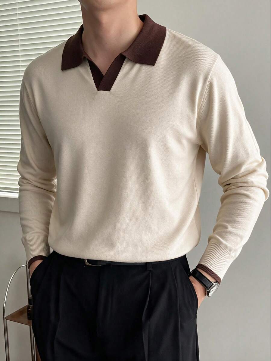 Men's Mercerized Patchwork Slim Fit Square Shoulder Airplane Collar Long Sleeve Sweater - Apricot - View 1