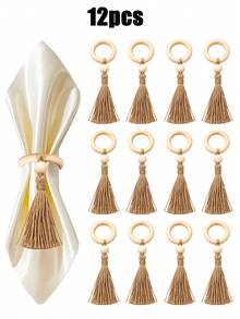 1-24pcs Wooden Tassel Napkin Rings, Bohemian Rustic Style Napkin Holders, Daily Table Decor, Suitable For Christmas Holidays, Thanksgiving Feast, New Year Celebration, Wedding Reception, Dinner Party Table Setting, Holiday Home Kitchen Decoration - Multicolor - View 14