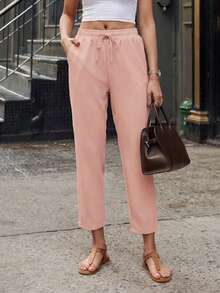 Jisfaneya Women's Solid-Color Drawstring Waist Casual Pants With Pockets Pink - Pink - View 6