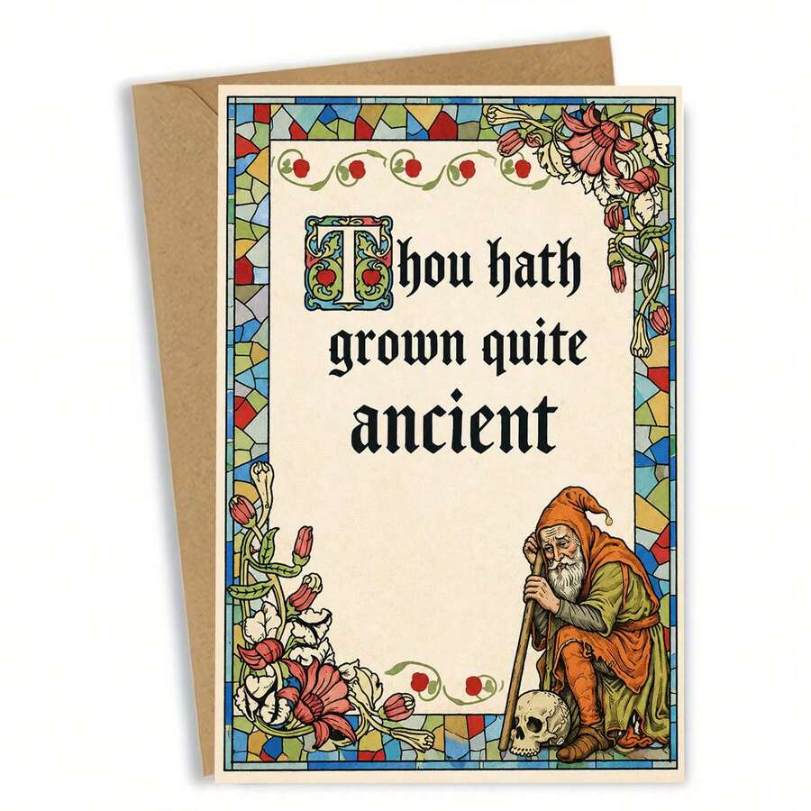 1/3 Sets Vintage Humorous Birthday Greeting Card, "Thou Hath Grown Quite Ancient," Featuring A Stained Glass Border And Old Dwarf Skeleton Elements, Suitable For Elders/Old Friends, With Sturdy Paper And Vibrant Printing - A - View 1