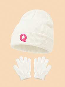 Set 2 Buah Topi Rajut Lipat Bergaris Putih dan Sarung Tangan Tanpa Jari, Bordir Huruf Personalisasi 26 Pilihan, Kain Elastis Ramah Kulit Dapat Dicuci, Cocok untuk Paduan Pakaian Musim Gugur/Musim Dingin Anak Perempuan - Putih - View 18