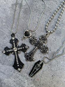 4pcs Vintage Gothic Alloy Rhinestone Cross Coffin Skull Melting Heart Necklace, Suitable For Women Street Party Wear - Multicolor - View 1