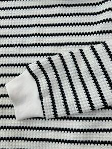 Casual Striped Textured Knit 2 Pieces Set, Round Neck Loose Top And Wide Leg Pants, Suitable For Casual, Vacation, Dating Wear - Black and White - View 7