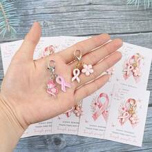 10pcs Pink Ribbon And Cherry Blossom Keychain Set, Paired With Inspiring Pink Butterfly Ribbon Motivational Greeting Cards, Positive And Encouraging Gift For Women During Breast Cancer Awareness Month, Suitable For Bags, Pendants, Keychains, October Accessories And Christmas - Multicolor - View 4