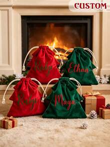 Personalized Christmas Gift Bag, Customized Name And Initial Drawstring Bag, Personalized Holiday Gift Bag, Customized Canvas Tote Bag, Christmas Gift Packaging, Holiday Party Decoration, Gift For Her, Gift For Him, Gift For Family And Friends - Multicolor - View 5