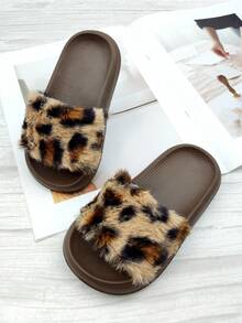 1 Pair Girls Leopard Print Slippers, Fashionable And Cute Flat Slippers, Suitable For Indoor And Outdoor Wear All Seasons - Chocolate Brown - View 6