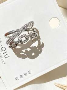 1pc Fashionable Exquisite Cross Chain Ring, Light Coffee Gold Electroplated Zirconia Minimalist Ring - Cross- Ring - View 4