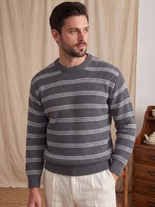 LOOKUN Autumn/Winter Color Block Striped Textured Loose Comfortable Retro Streetwear Crew Neck Long Sleeve Cropped Knit Sweater Unisex - Grey - View 2