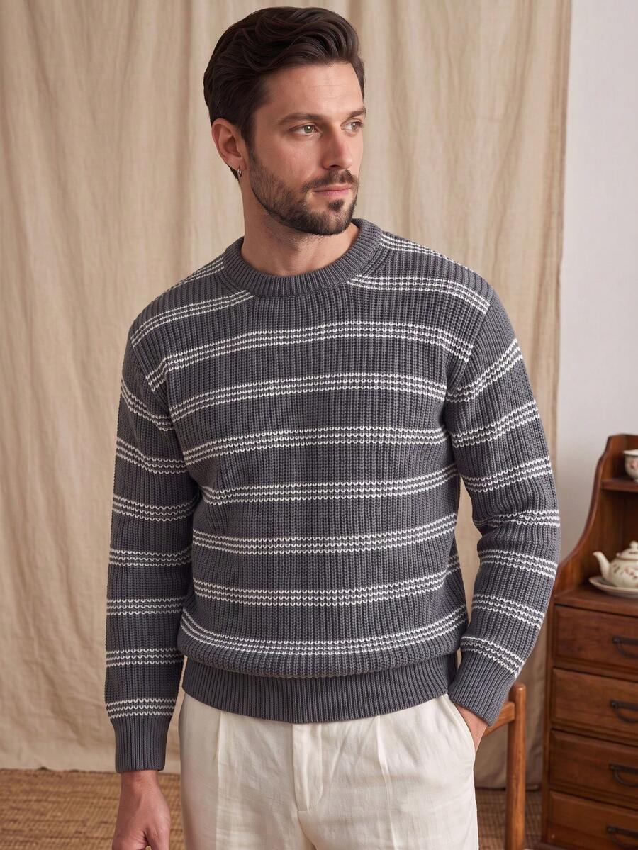 LOOKUN Sweater Rajut Pendek Lengan Panjang Leher Bulat Bertekstur Garis-Garis Blok Warna Musim Gugur/Dingin, Longgar, Nyaman, Gaya Retro Streetwear Unisex - Grey - View 1