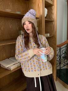 Vintage Jacquard Round Neck Knitted Button-Up Cardigan Ditsy Floral Long Sleeve Women's Open Front Sweater - Khaki - View 2