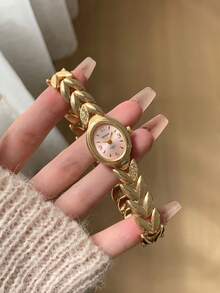 1件裝粉色錶盤混色刻度獨特金色錶帶，適合搭配金色橢圓形女款石英手錶，日常佩戴 - 金色 - 查看 6