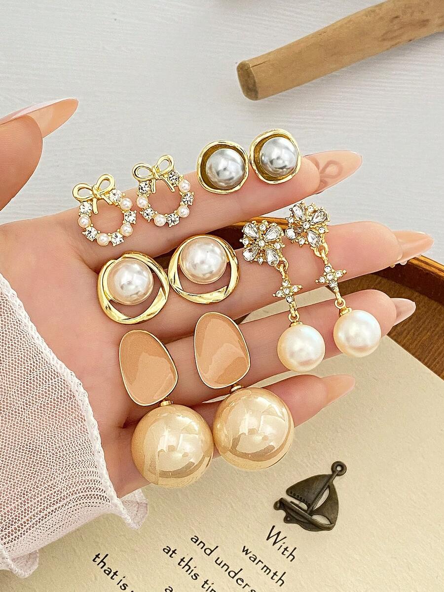 10pcs Gold Women's Earring Set, Luxury Geometric Metal Earrings, Faux Pearl Alloy Earrings, Suitable For Daily Wear, Women's Gift - Multicolor - View 1