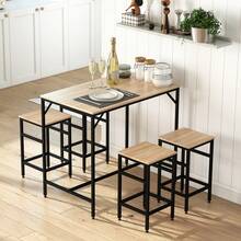 Bar Table Set With 4 Bar Stools, 5-Piece Table Set, Steel And Oak - Oak Color - View 2