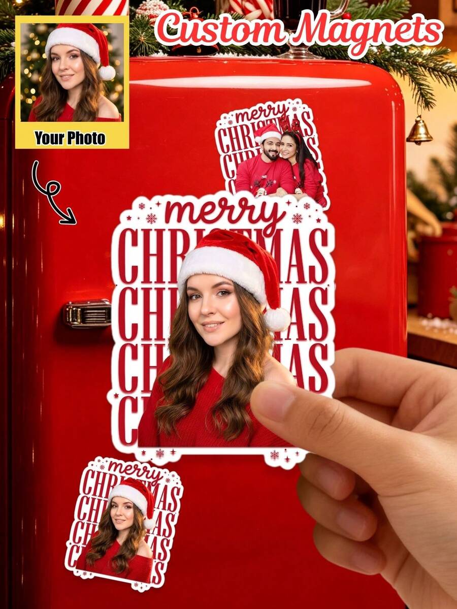Custom Photo Christmas Refrigerator Magnet, Personalized Merry Christmas Picture Fridge Magnet, Customized Family Photo Magnet Xmas Home Decoration Holiday,Locker, Whiteboard, Kitchen Decor, Home Decoration, Party Favor, Unique Personalized Keepsake - Multicolor - View 1