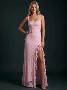 Women's Lace Detailed Strappy Backless Slit Maxi Dress - Pink - View 2