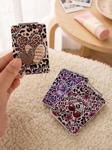 1pc Y2K Leopard Print Portable Makeup Mirror, Double-Sided Folding Pocket Mirror, PU Leather Travel Makeup Mirror (Leopard, Heart, Bow, Cherry, Lips, Glitter & Rhinestone Patterns), Mini Handheld Makeup Mirror For Women, Y2K Style Beauty Accessory Gift - Multicolor - View 5