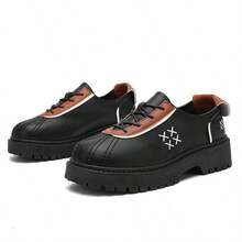 Vintage Colorblock Shell Toe Thick Sole Chunky Heel Platform Lace-Up PU Casual Loafers Height-Increasing Shoes - Black - View 1
