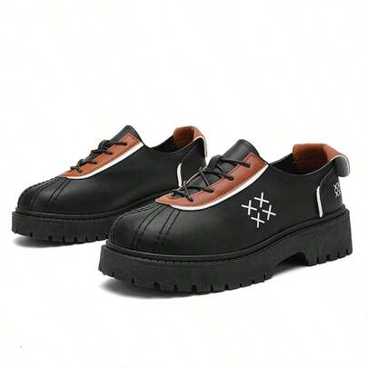 Vintage Colorblock Shell Toe Thick Sole Chunky Heel Platform Lace-Up PU Casual Loafers Height-Increasing Shoes