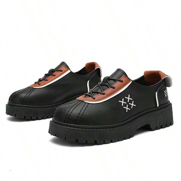 Vintage Colorblock Shell Toe Thick Sole Chunky Heel Platform Lace-Up PU Casual Loafers Height-Increasing Shoes