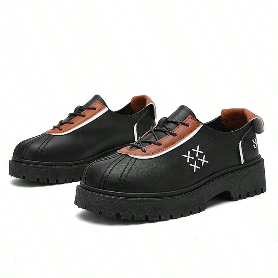 Vintage Colorblock Shell Toe Thick Sole Chunky Heel Platform Lace-Up PU Casual Loafers Height-Increasing Shoes - Black - View 1