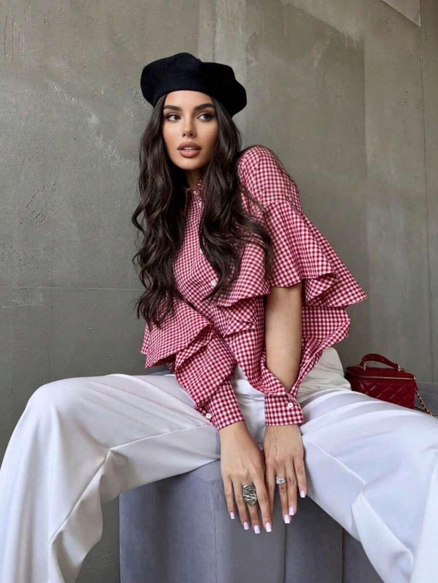 Women's Plus Size Personalized Fashion Plaid Ruffle Long Sleeve Blouse, Elegant Plus Size Long Sleeve Plaid Shirt, Ideal Choice For All Seasons Dating And Commuting, Autumn Essential, Suitable For Work Commute, Daily Dating And Street Wear - Red and White - View 1