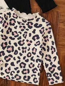 3pcs/Set Baby Girl Fashion Autumn Leopard Print Bow Long Sleeve T-Shirt, Children Simple Basic Elastic Ruffle Collar Spring Top - Multicolor - View 7