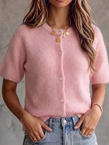 Plus Size Women's Solid Color Round Neck Short Sleeve Single Breasted Knit Cardigan Pink - Pink - View 2