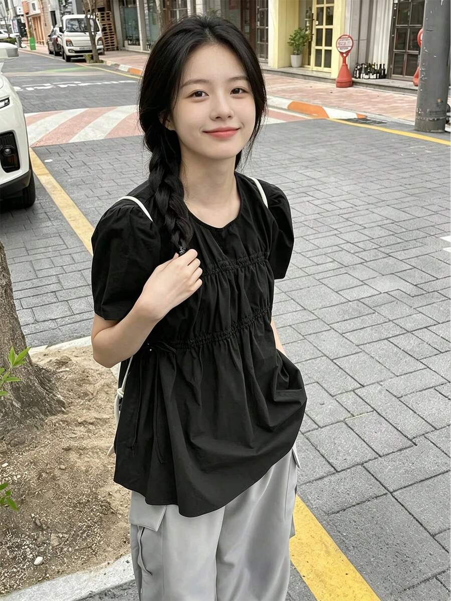 2025 Summer Women Korean Style Drawstring Round Neck Top Black - Black - View 1