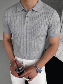 Men's Casual Classic Cable Knit Regular Shoulder Polo Collar Short Sleeve Top, Suitable For Summer - Light Grey - View 4