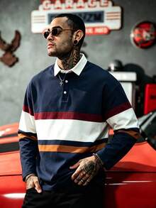 Vintage Colorblock Multi-Stripe Rugby Polo Men's Navy Burgundy Beige Caramel Drop Shoulder Long Sleeve Collared Pullover Top - Navy Blue - View 1