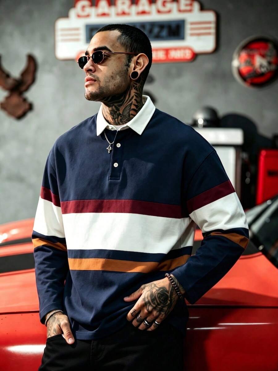 Vintage Colorblock Multi-Stripe Rugby Polo Men's Navy Burgundy Beige Caramel Drop Shoulder Long Sleeve Collared Pullover Top - Navy Blue - View 1