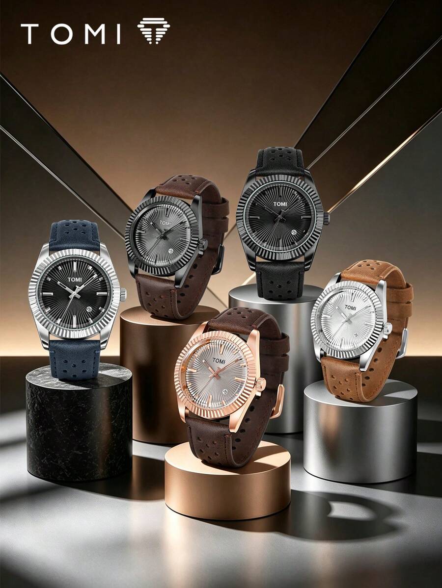 TOMI Men's Quartz Watch Round Sunray Dial Calendar Perforated Breathable Leather Strap Business Casual Men's Watch Multi-Color Options Daily Versatile Holiday Gift - one-size - View 1