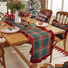 1pc Christmas Plaid Patchwork Velvet Ruffle Table Runner, Suitable For Christmas Holiday And Home Decor - Green Plaid - View 16