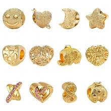 1pc Vintage Gold-Plated Large Hole Bead String, Smiling Face, Heart, Moon, Star, Elephant, Ladybug, Infinity Symbol, Bow Pendant, Suitable For Bracelet Handmade Craft, Jewelry Designed For Girls And Women - Gold - View 9