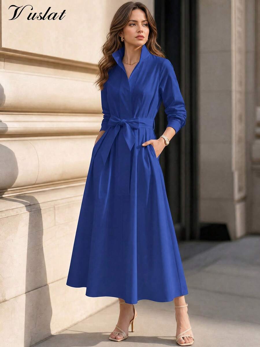 Vuslat Women's Autumn Solid Color Small Stand Collar Tie Waist Pocket Long Sleeve Shirt Dress, Suitable For Daily Wear, Back To School Season - Blue - View 1