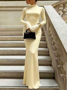 Women's Solid Color High Neck Long Sleeve Slim Fit Casual Long Dress - Apricot - View 3