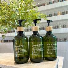 3pcs 500ml, 16.9oz Natural Bamboo Pump Plastic Dispenser Bottles, Suitable For Shampoo, Conditioner And Body Wash - Green - View 2