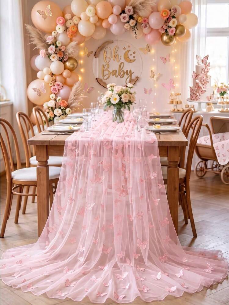 1pc Light Pink Butterfly Sheer Table Runner, Glitter Mesh Butterfly Table Runner, Long Semi-Transparent Tablecloth, Suitable For Country Wedding, Birthday, Bridal Shower, Holiday Party Decor, Home Celebration Dining Table Decoration, Butterfly Theme Decor - Baby Pink - View 3