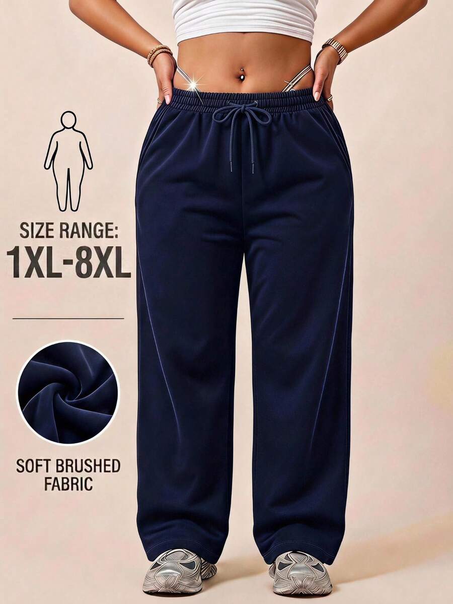 Curve Women's Soft-Touch Wide-Leg Cotton Elastic Waist Brushed-Back Plus Size Sweatpants - Navy Blue - View 1
