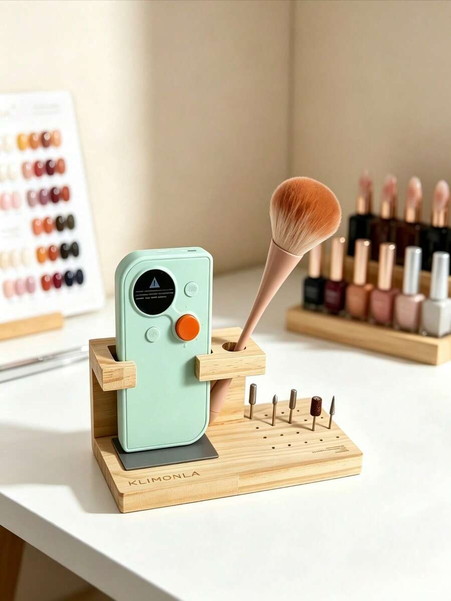 1pc Wooden 2-In-1 Nail Drill & Nail Machine Storage Box, Large Capacity Nail Cleaning Brush Organizer, Multi-Compartment Nail Polish Bottle Display Rack, Nail Machine Storage Box