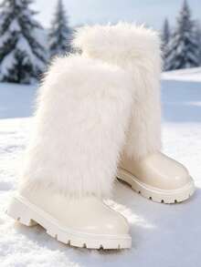 1 Pair Girls' Faux Fur High-Top Snow Boots, Solid Color PU Material, Round Toe, Elastic Soft Sole, Back Zipper Design, Fashion Princess Style, Warm Lining, Suitable For Daily Outdoor Wear, Autumn/Winter New Arrival - Beige - View 3