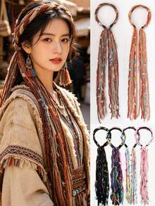Vintage Plush Maillard Color Palette Colorful Long Tassel Ribbon Headband, Braided Headband, Bohemian Style Women's Hair Accessory - Multicolor - View 2