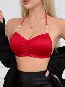 Sujetador cómodo de mujer de color liso con diseño fruncido y hebilla anular (sin relleno) - Rojo - Ver 4