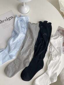 1 Pair Women's Bow Decor Mid-Calf Socks, Women's Thin Leg Warmers, Ballet / JK Style Socks - Multicolor - View 3
