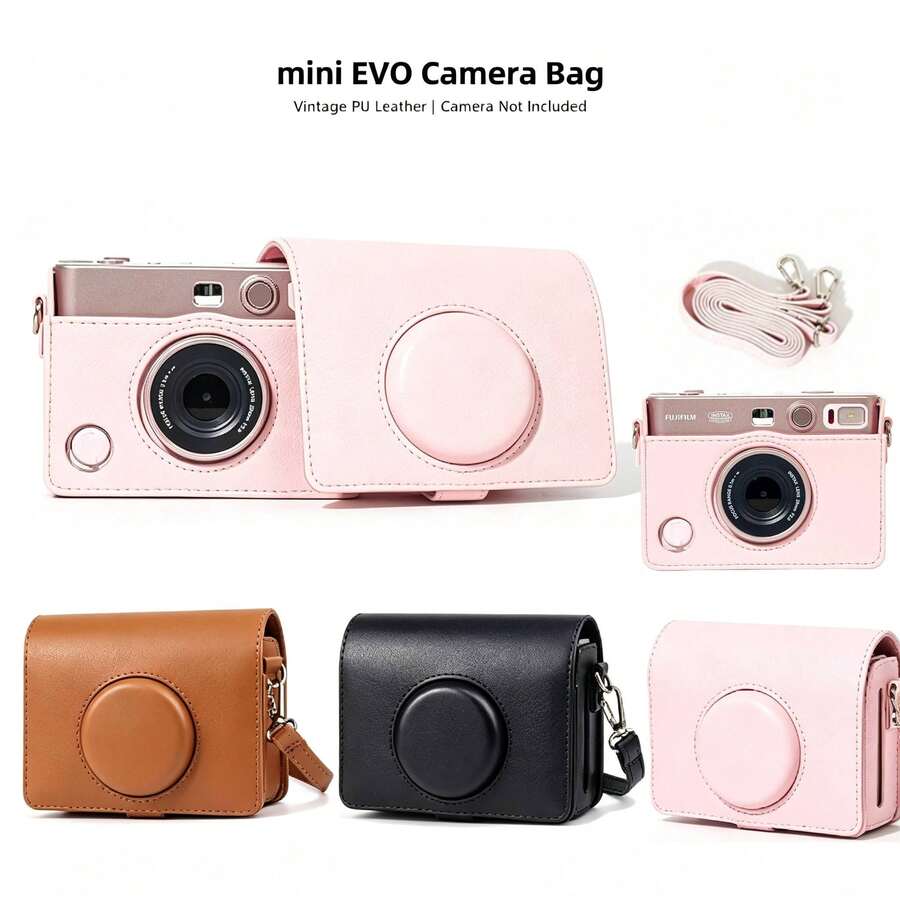 Protective Case For Fujifilm Mini Camera, Litchi Grain PU Leather Camera Bag With Photo Print Slot, Precise Charging Port Cutout, Detachable Protective Shell, Adjustable Detachable Shoulder Strap, Suitable For Travel, Pink/Black/Brown - View 1