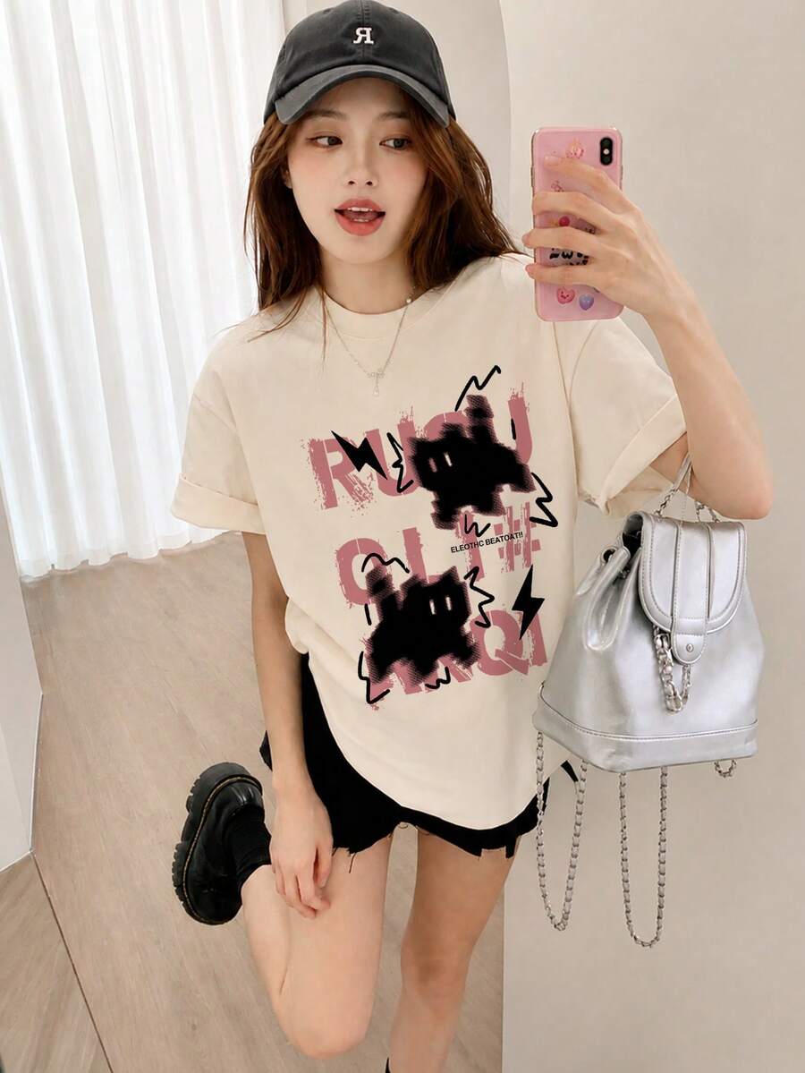 Japanese Style Women's Loose Casual Round Neck Letter & Cartoon Cat Print Short Sleeve T-Shirt, Versatile For Spring/Summer - Apricot - View 1